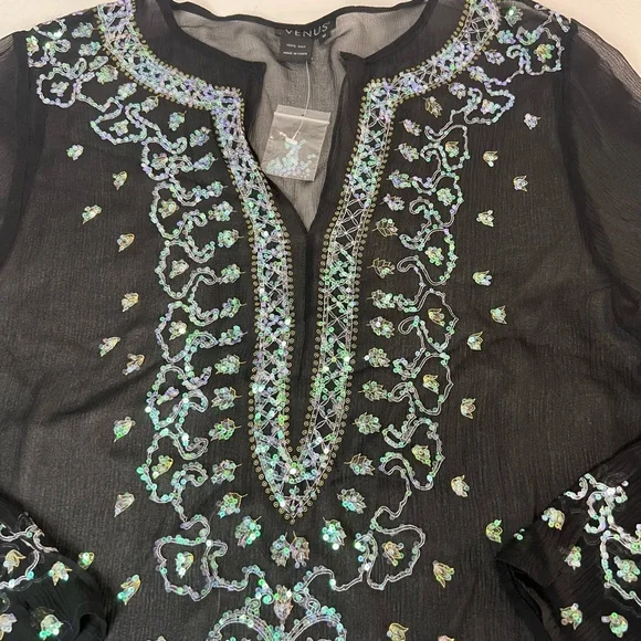 VENUS  Silk Sheer Black Swimsuit Coverup V-Neck Sequin Detailing Tunic Women's M - Picture 2 of 11